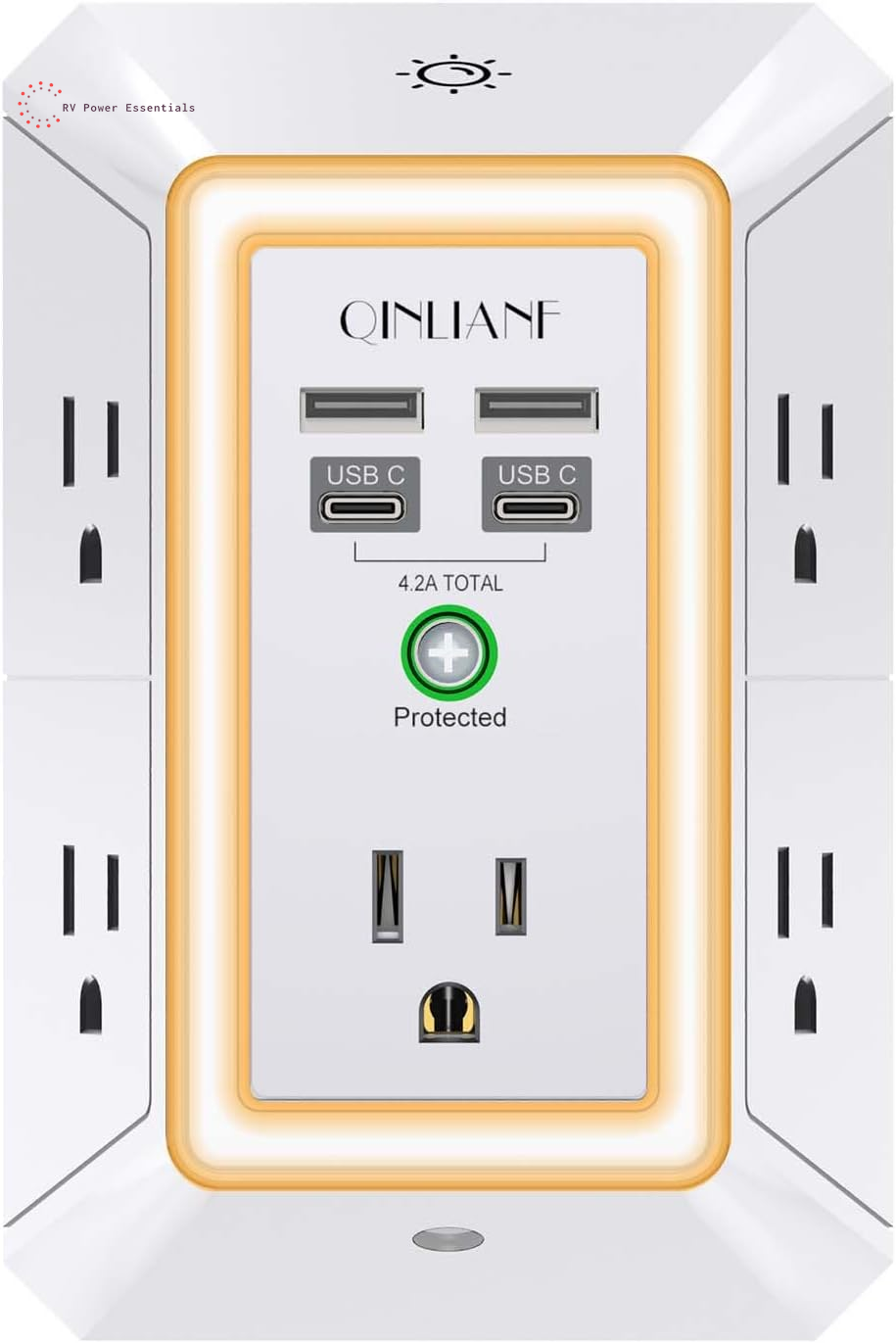 QINLIANF 5-Outlet Surge Protector with 4 USB Ports (4.8A Total), 3-Sided Power Strip, 1680J, Multi Plug Adapter for Home, Travel, Office (3U1C)