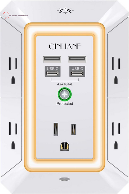 QINLIANF 5-Outlet Surge Protector with 4 USB Ports (4.8A Total), 3-Sided Power Strip, 1680J, Multi Plug Adapter for Home, Travel, Office (3U1C)