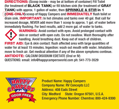 Happy Campers RV Toilet Treatment 18 - Extra Strength Odor Eliminator for Black and Gray Holding Tanks - RVPowerEssentials.com 