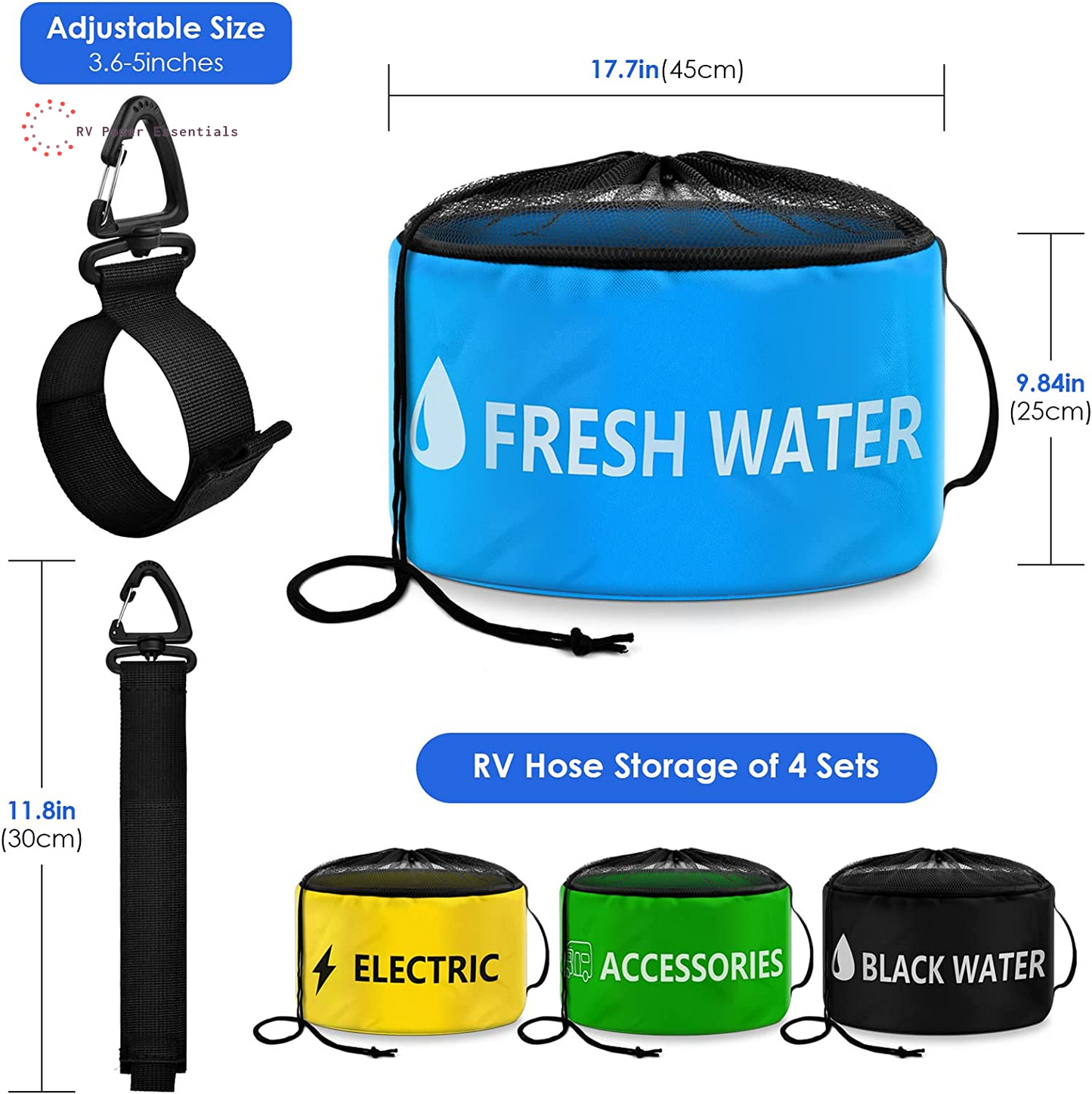 ERKOON 4-Pack Waterproof RV Hose Storage Bags — For Sewer, Fresh Water, Accessories & Power Cords