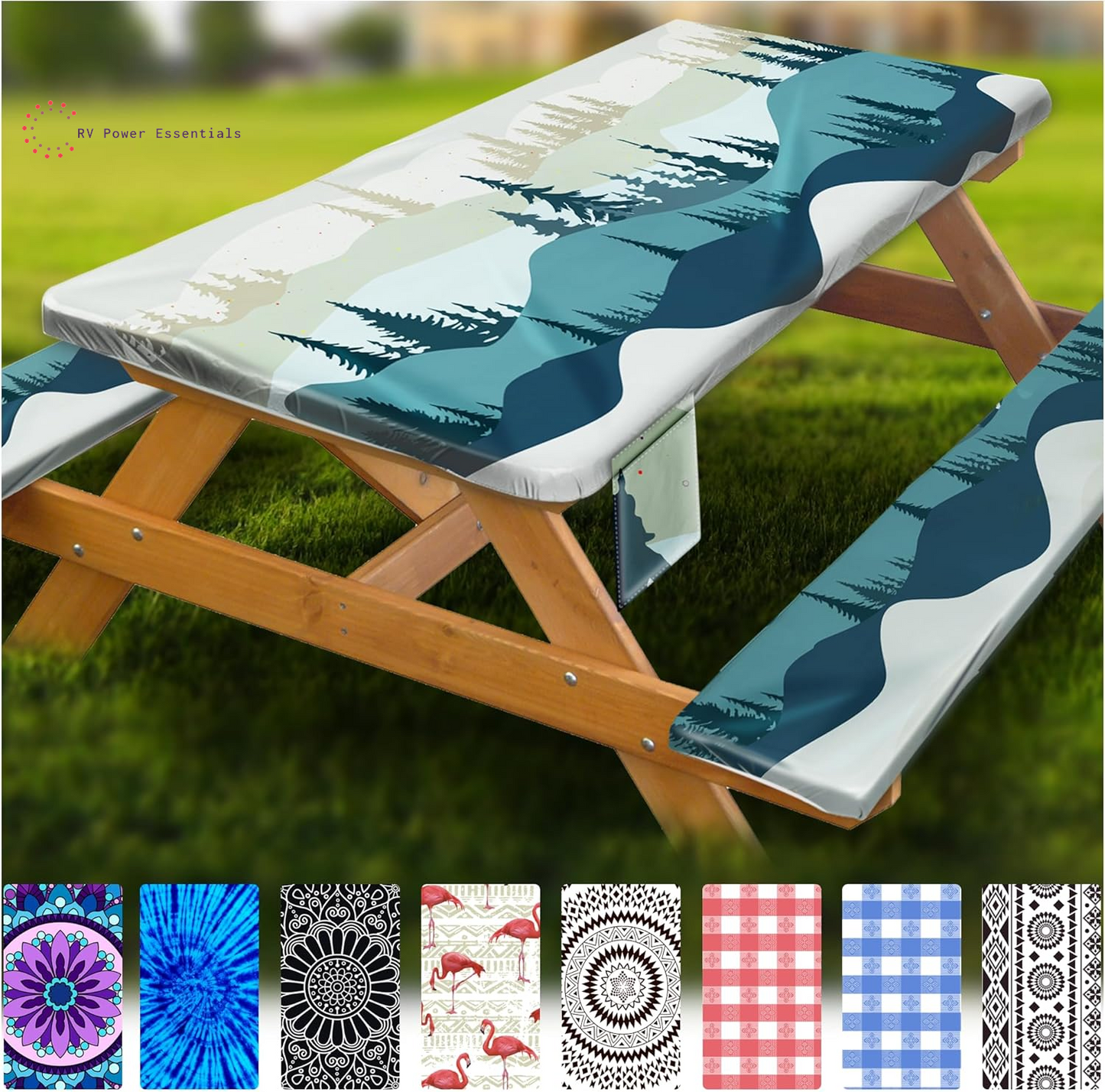 Fitted Waterproof Vinyl Picnic Table & Bench Cover Set – Elastic Edge, Spill-Proof, Easy-Clean Design | Perfect for RV Trips, Camping, Tailgates & Outdoor Adventures