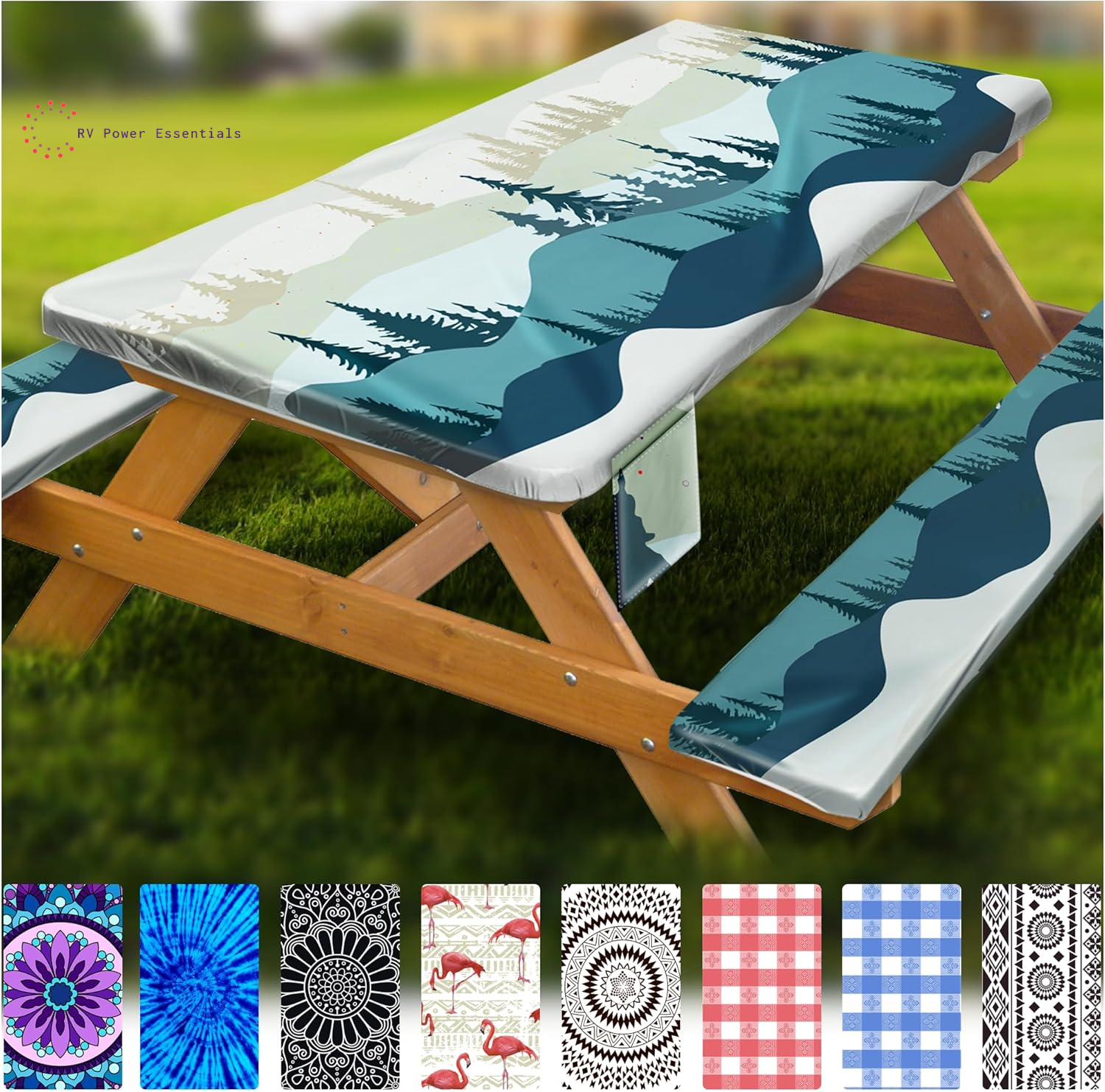 Fitted Waterproof Vinyl Picnic Table & Bench Cover Set – Elastic Edge, Spill-Proof, Easy-Clean Design | Perfect for RV Trips, Camping, Tailgates & Outdoor Adventures