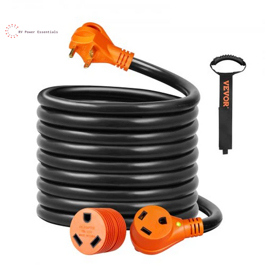 30 Amp RV Extension Cord, 25 ft — TT-30P to TT-30R, LED Handle & 15A Adapter, ETL Listed