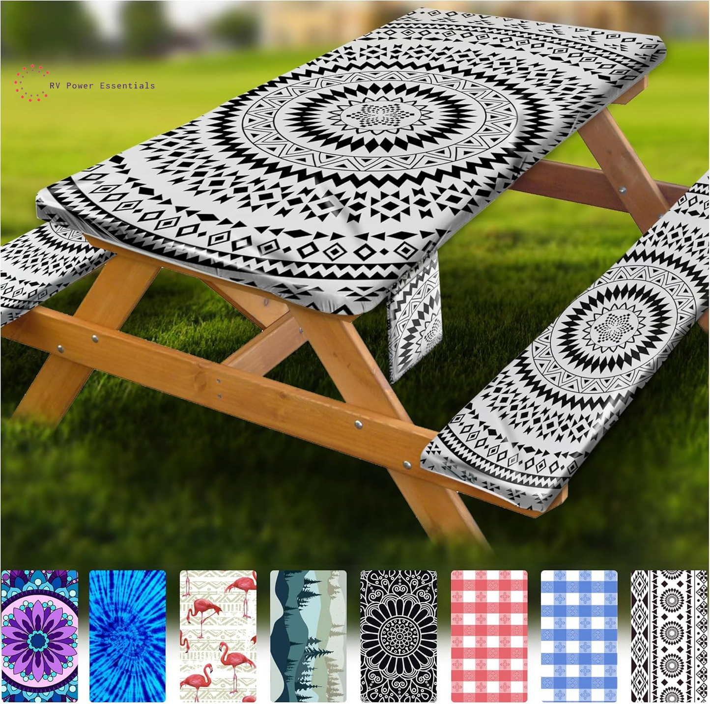 Fitted Waterproof Vinyl Picnic Table & Bench Cover Set – Elastic Edge, Spill-Proof, Easy-Clean Design | Perfect for RV Trips, Camping, Tailgates & Outdoor Adventures