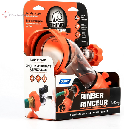 Camco Rhino Blaster RV Tank Rinser w/ Backflow Preventer | Deep-Clean Your RV Waste Tank & Eliminate Odors Fast | Premium Camper Sewer Maintenance Tool 