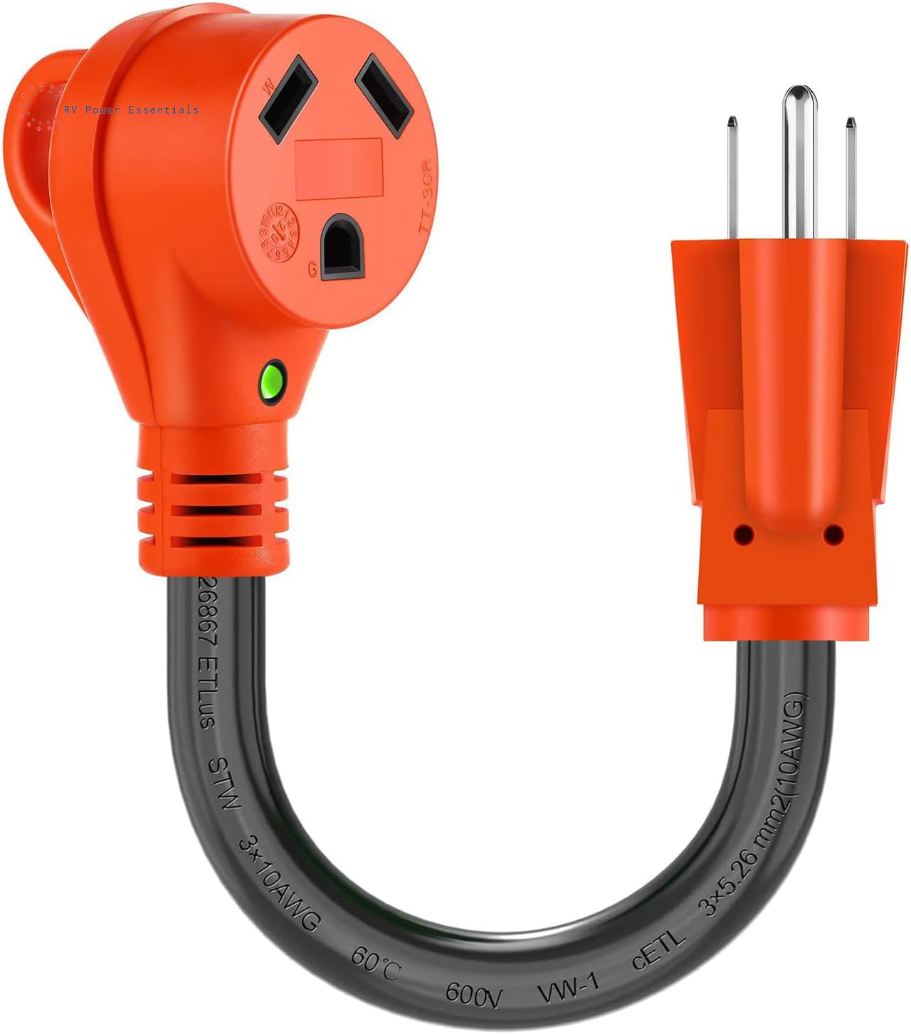 15A Household Plug to 30A RV Adapter Cord — 12-Inch NEMA 5-15P to TT-30R Dogbone with LED Indicator