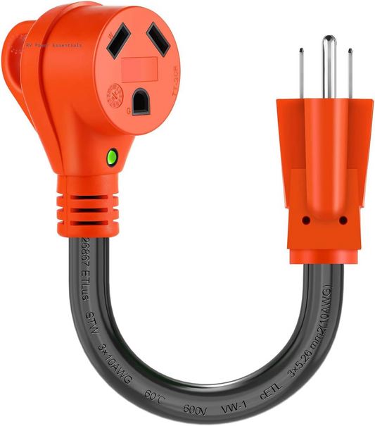 15A Household Plug to 30A RV Adapter Cord — 12-Inch NEMA 5-15P to TT-30R Dogbone with LED Indicator