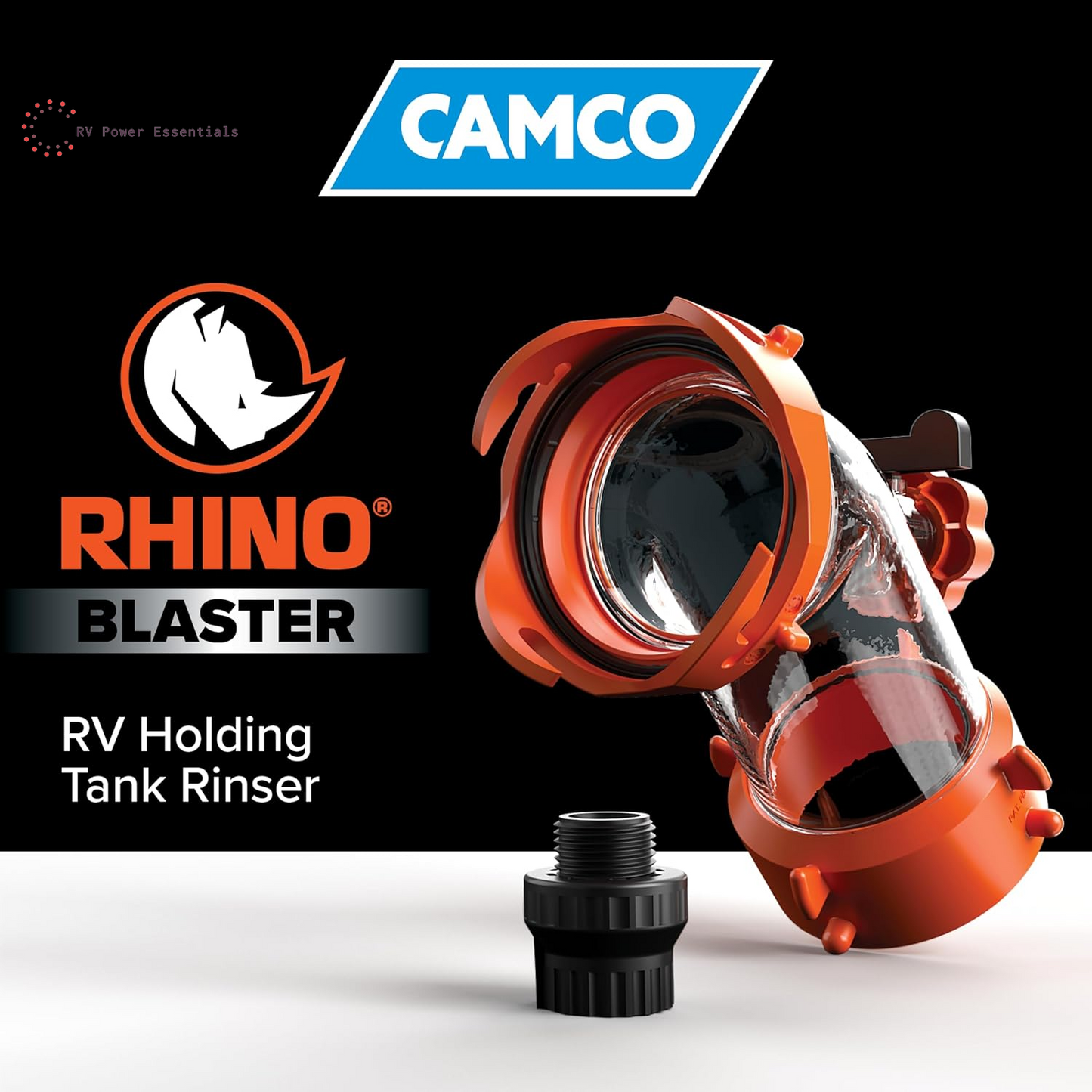 Camco Rhino Blaster RV Tank Rinser w/ Backflow Preventer | Deep-Clean Your RV Waste Tank & Eliminate Odors Fast | Premium Camper Sewer Maintenance Tool 