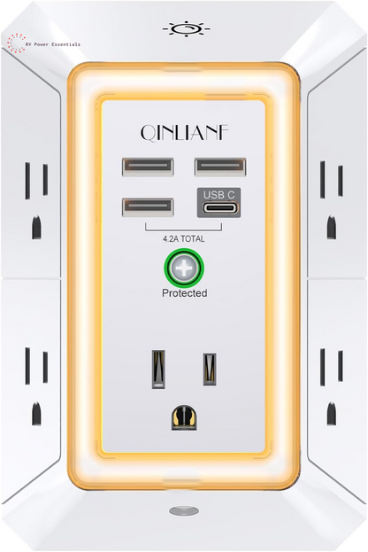 QINLIANF 5-Outlet Surge Protector with 4 USB Ports (4.8A Total), 3-Sided Power Strip, 1680J, Multi Plug Adapter for Home, Travel, Office (3U1C)