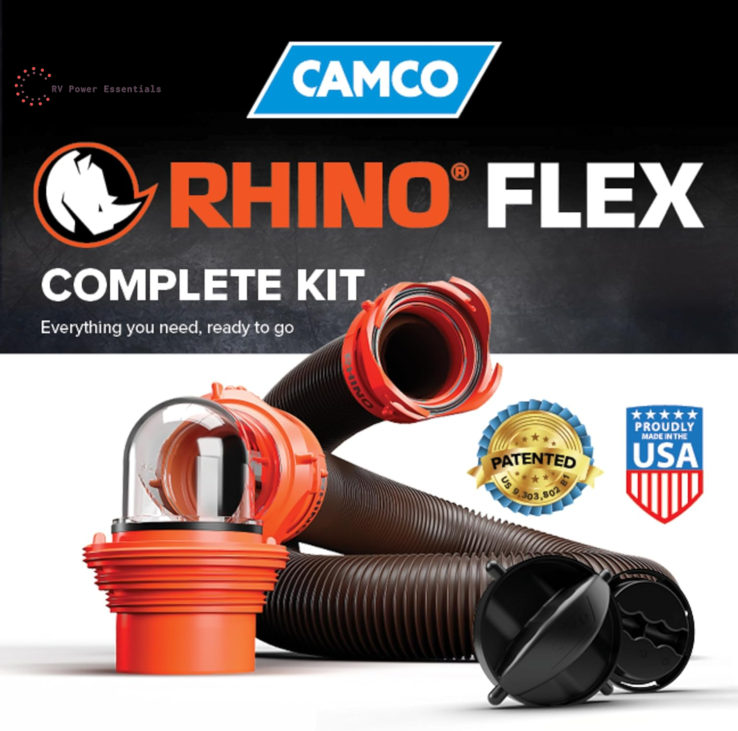 Camco RhinoFLEX 15-Foot RV Sewer Hose Kit with Clear Elbow & 4-in-1 Adapter – Heavy-Duty Flexible RV Dump Hose System