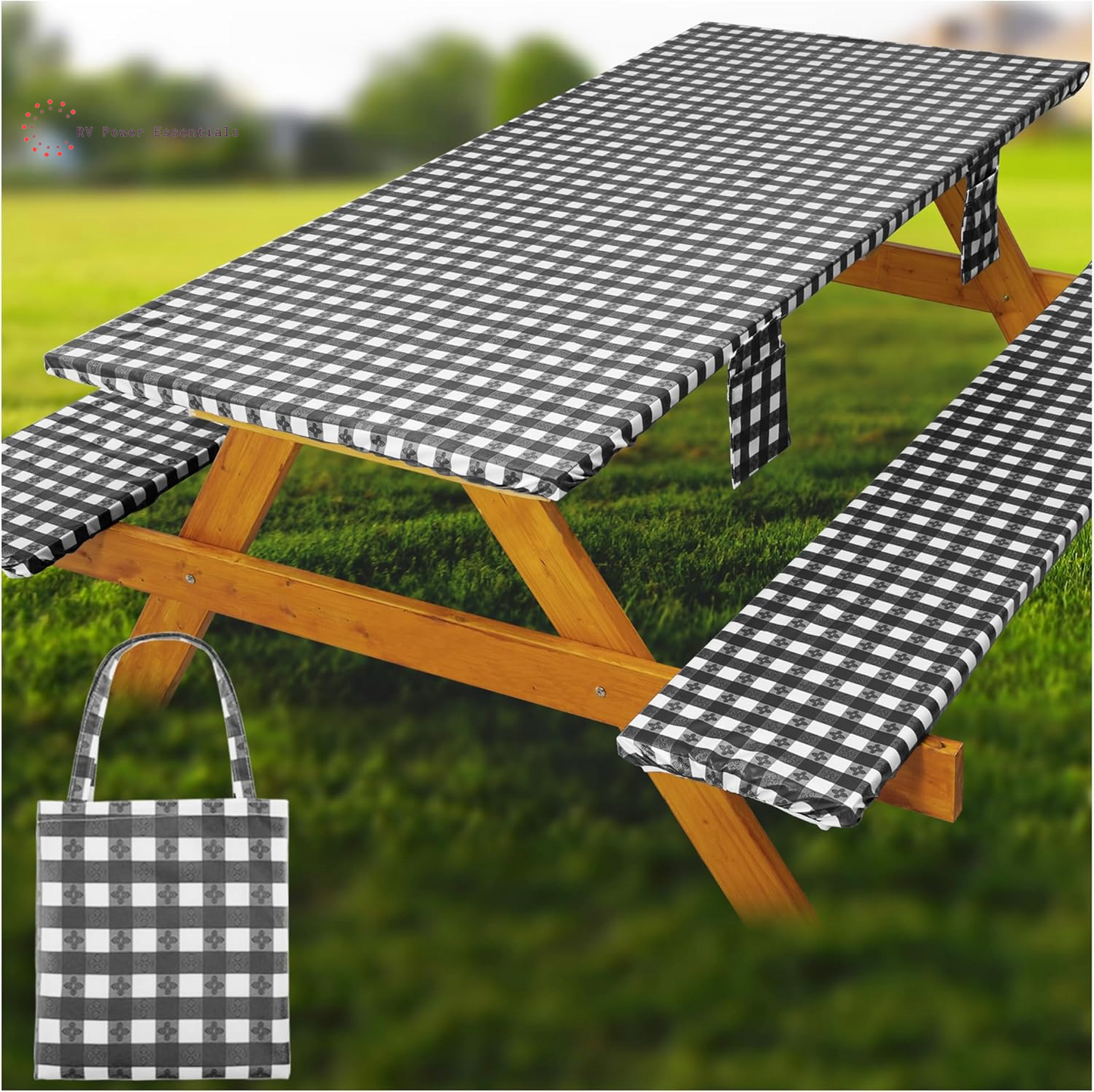 Fitted Waterproof Vinyl Picnic Table & Bench Cover Set – Elastic Edge, Spill-Proof, Easy-Clean Design | Perfect for RV Trips, Camping, Tailgates & Outdoor Adventures