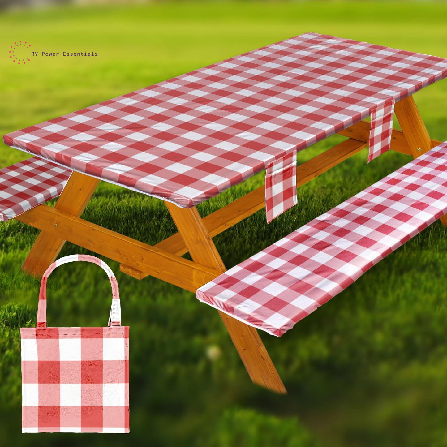 Fitted Waterproof Vinyl Picnic Table & Bench Cover Set – Elastic Edge, Spill-Proof, Easy-Clean Design | Perfect for RV Trips, Camping, Tailgates & Outdoor Adventures