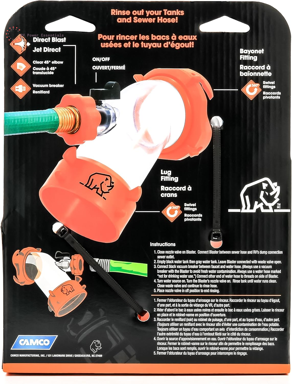 Camco Rhino Blaster RV Tank Rinser w/ Backflow Preventer | Deep-Clean Your RV Waste Tank & Eliminate Odors Fast | Premium Camper Sewer Maintenance Tool 