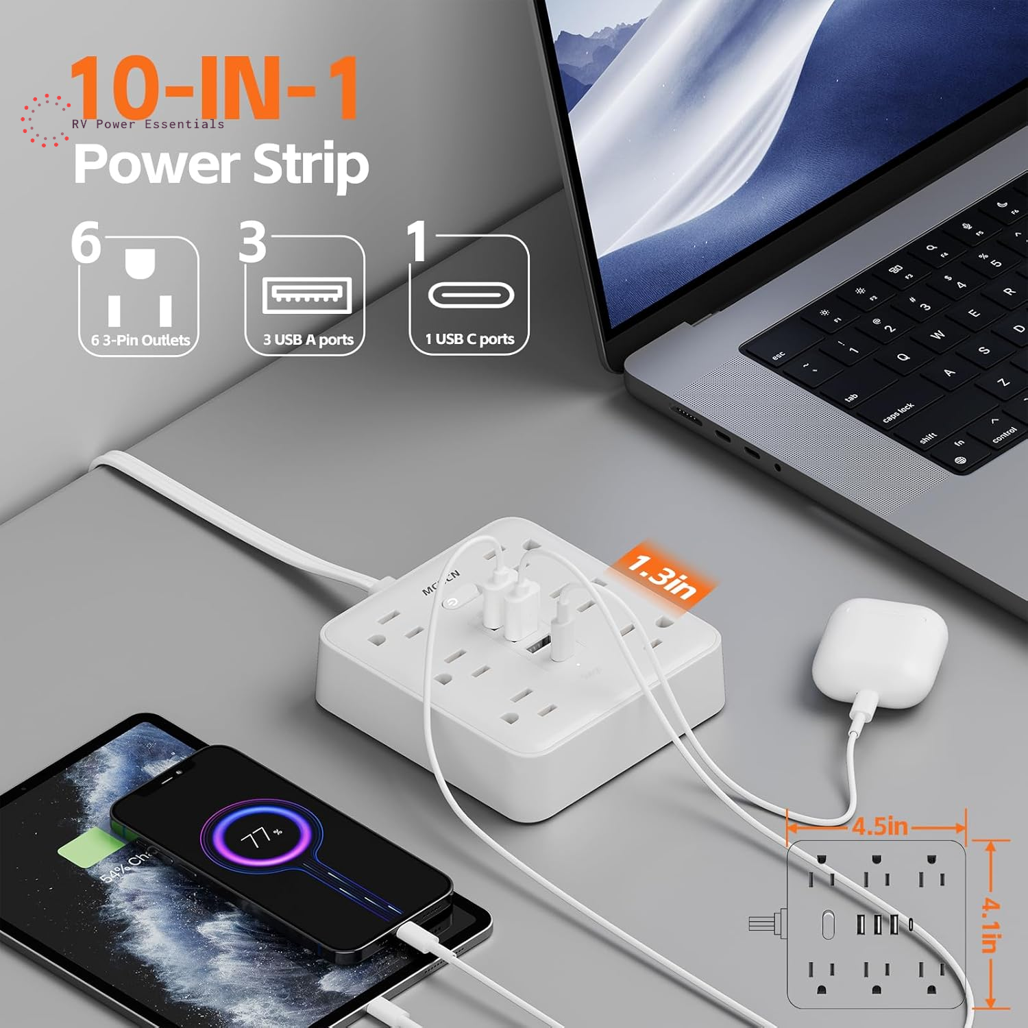 Portable Ultra Thin Flat Plug Surge Overload Protector Power Strip 5Ft Extension Cord with 6 AC Power Outlets 4 USB (1C) for Home Office Dorm Travel Essentials Fire and Reach 15A 1875W UL