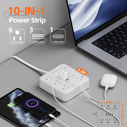 Portable Ultra Thin Flat Plug Surge Overload Protector Power Strip 5Ft Extension Cord with 6 AC Power Outlets 4 USB (1C) for Home Office Dorm Travel Essentials Fire and Reach 15A 1875W UL
