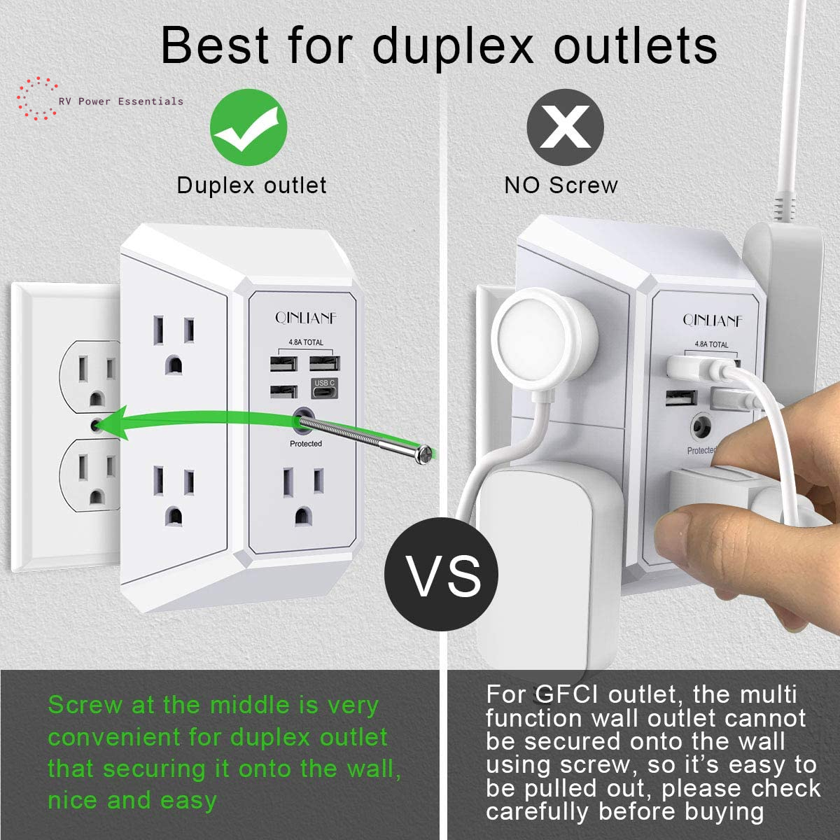 QINLIANF 5-Outlet Surge Protector with 4 USB Ports (4.8A Total), 3-Sided Power Strip, 1680J, Multi Plug Adapter for Home, Travel, Office (3U1C)