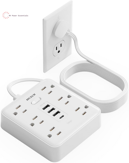Portable Ultra Thin Flat Plug Surge Overload Protector Power Strip 5Ft Extension Cord with 6 AC Power Outlets 4 USB (1C) for Home Office Dorm Travel Essentials Fire and Reach 15A 1875W UL