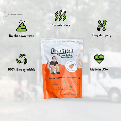 Liquified RV Toilet Treatment Drop-Ins | 60 Orange-Scented Pods | Odor Control & Waste Breakdown | Septic Safe | RV Power Essentials