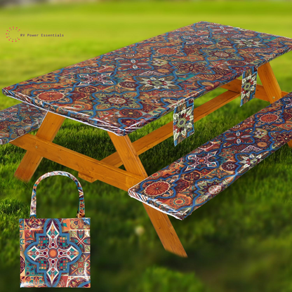 Fitted Waterproof Vinyl Picnic Table & Bench Cover Set – Elastic Edge, Spill-Proof, Easy-Clean Design | Perfect for RV Trips, Camping, Tailgates & Outdoor Adventures