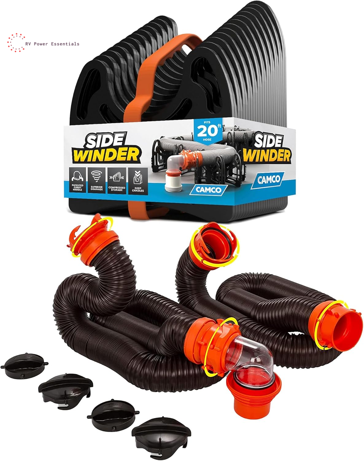 Camco RhinoFLEX 15-Foot RV Sewer Hose Kit with Clear Elbow & 4-in-1 Adapter – Heavy-Duty Flexible RV Dump Hose System