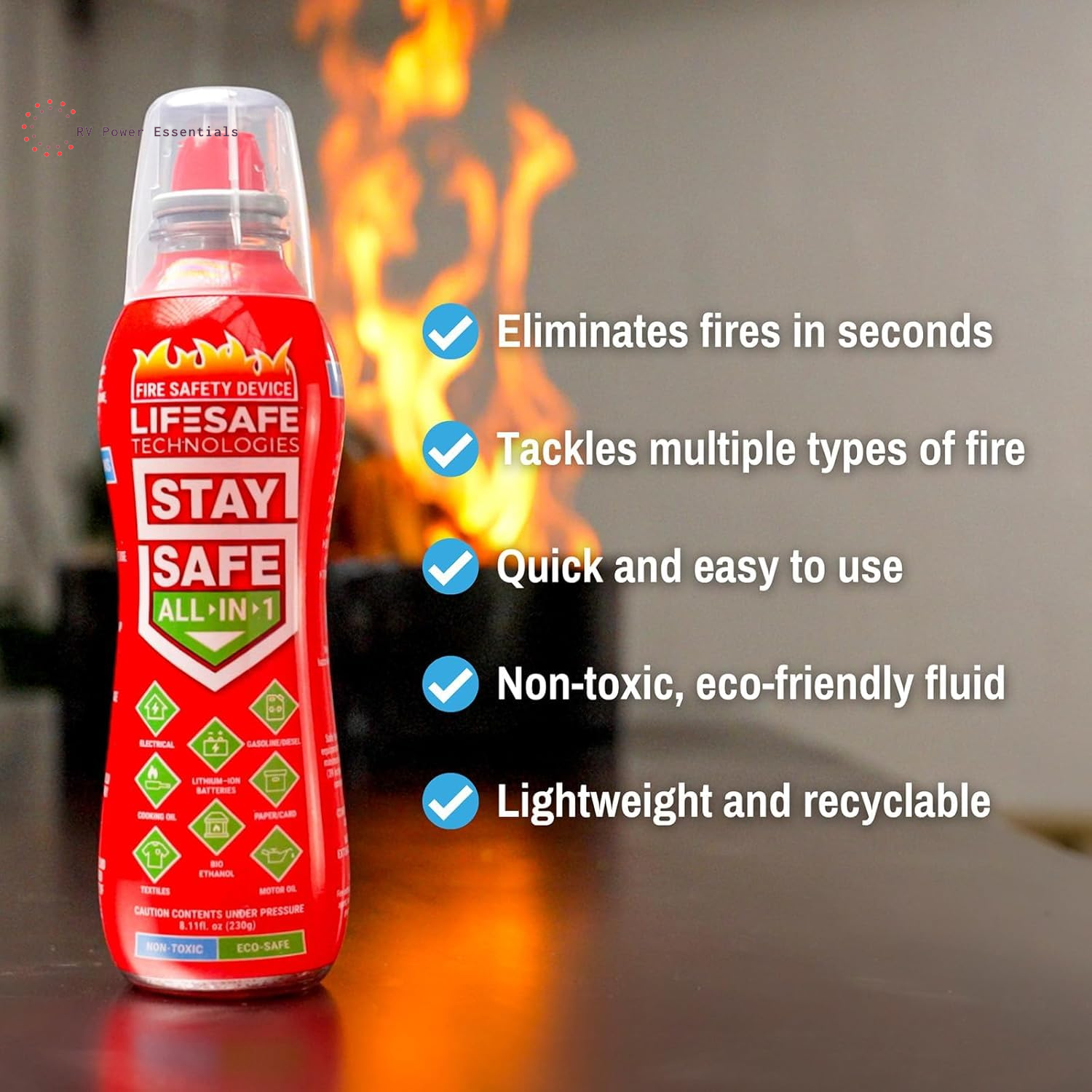 LifeSafe Technologies StaySafe All-In-1 Portable Fire Extinguisher Spray | Compact, Non-Toxic Fire Spray for Home, Kitchen, RV & Garage | Extinguishes 10 Types of Fires Safely