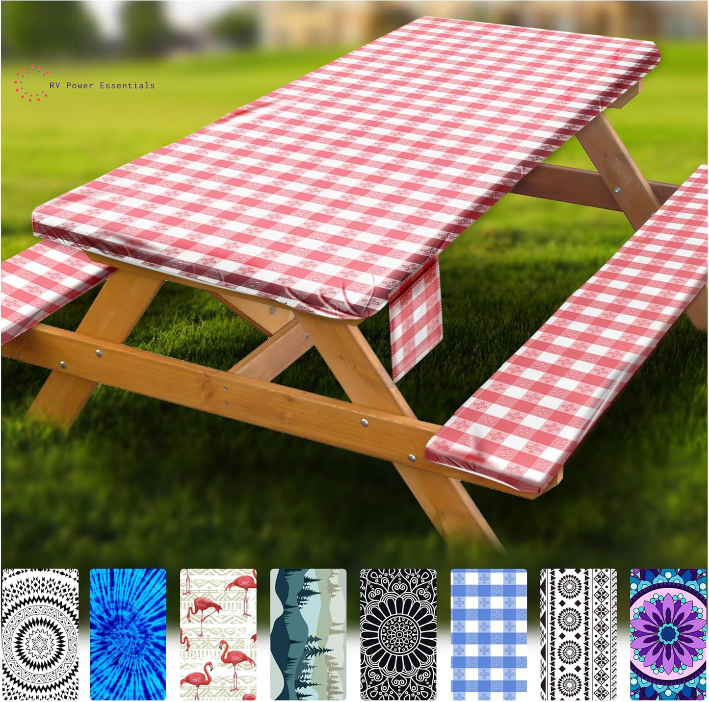 Fitted Waterproof Vinyl Picnic Table & Bench Cover Set – Elastic Edge, Spill-Proof, Easy-Clean Design | Perfect for RV Trips, Camping, Tailgates & Outdoor Adventures