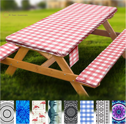 Fitted Waterproof Vinyl Picnic Table & Bench Cover Set – Elastic Edge, Spill-Proof, Easy-Clean Design | Perfect for RV Trips, Camping, Tailgates & Outdoor Adventures