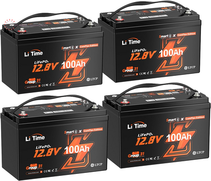 LiTime 12V 100Ah Smart LiFePO4 Battery w/ Bluetooth, 100A BMS & CAN/RS485 – Reliable Power for RVs, Boats, and Off-Grid Adventures (Group 31)