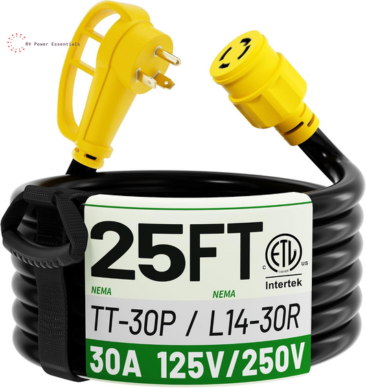 POWGRN 10ft or 25 ft 30 Amp RV Generator Adapter Cord — TT-30P to L14-30R, 10AWG, ETL Listed