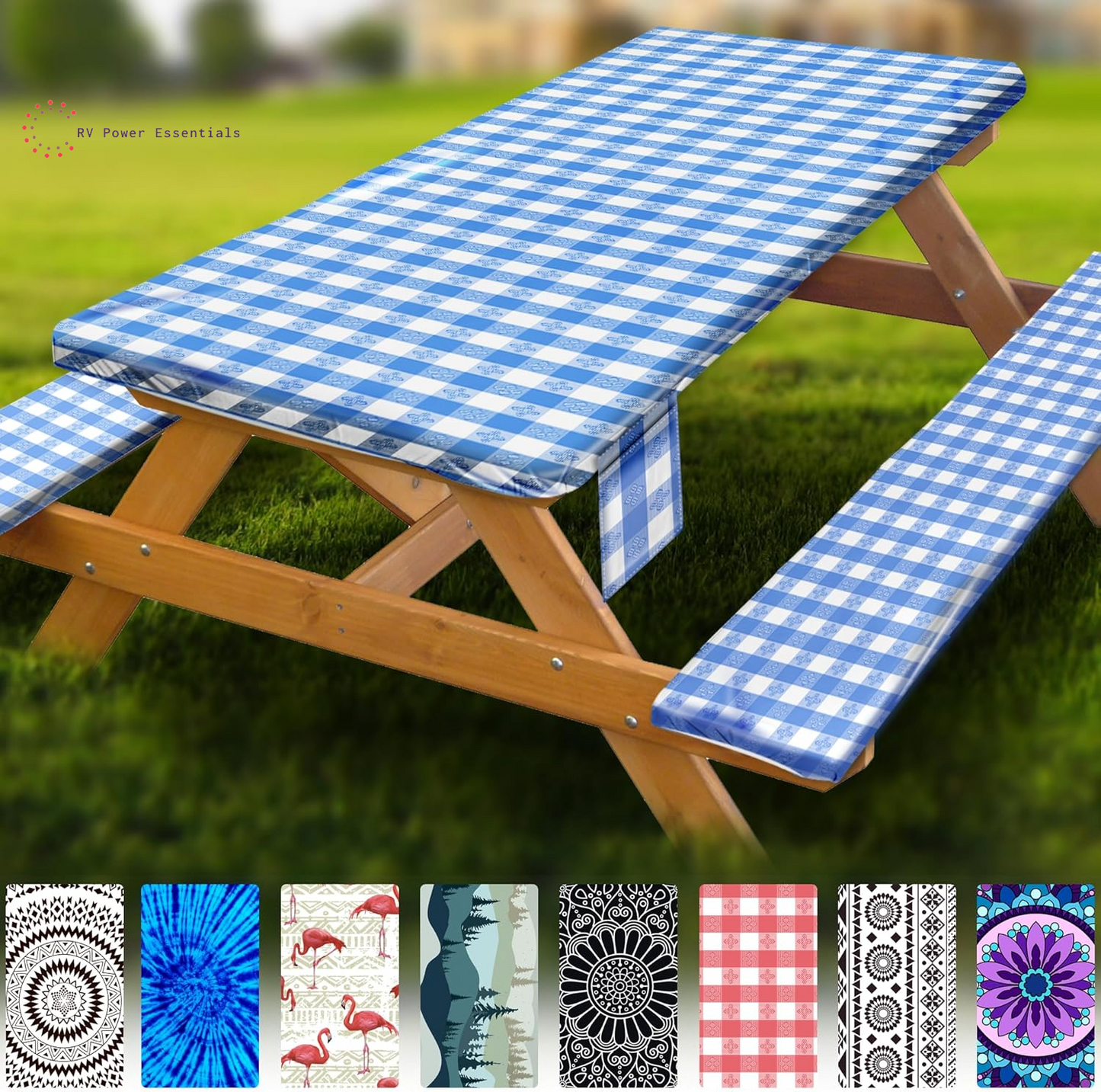 Fitted Waterproof Vinyl Picnic Table & Bench Cover Set – Elastic Edge, Spill-Proof, Easy-Clean Design | Perfect for RV Trips, Camping, Tailgates & Outdoor Adventures