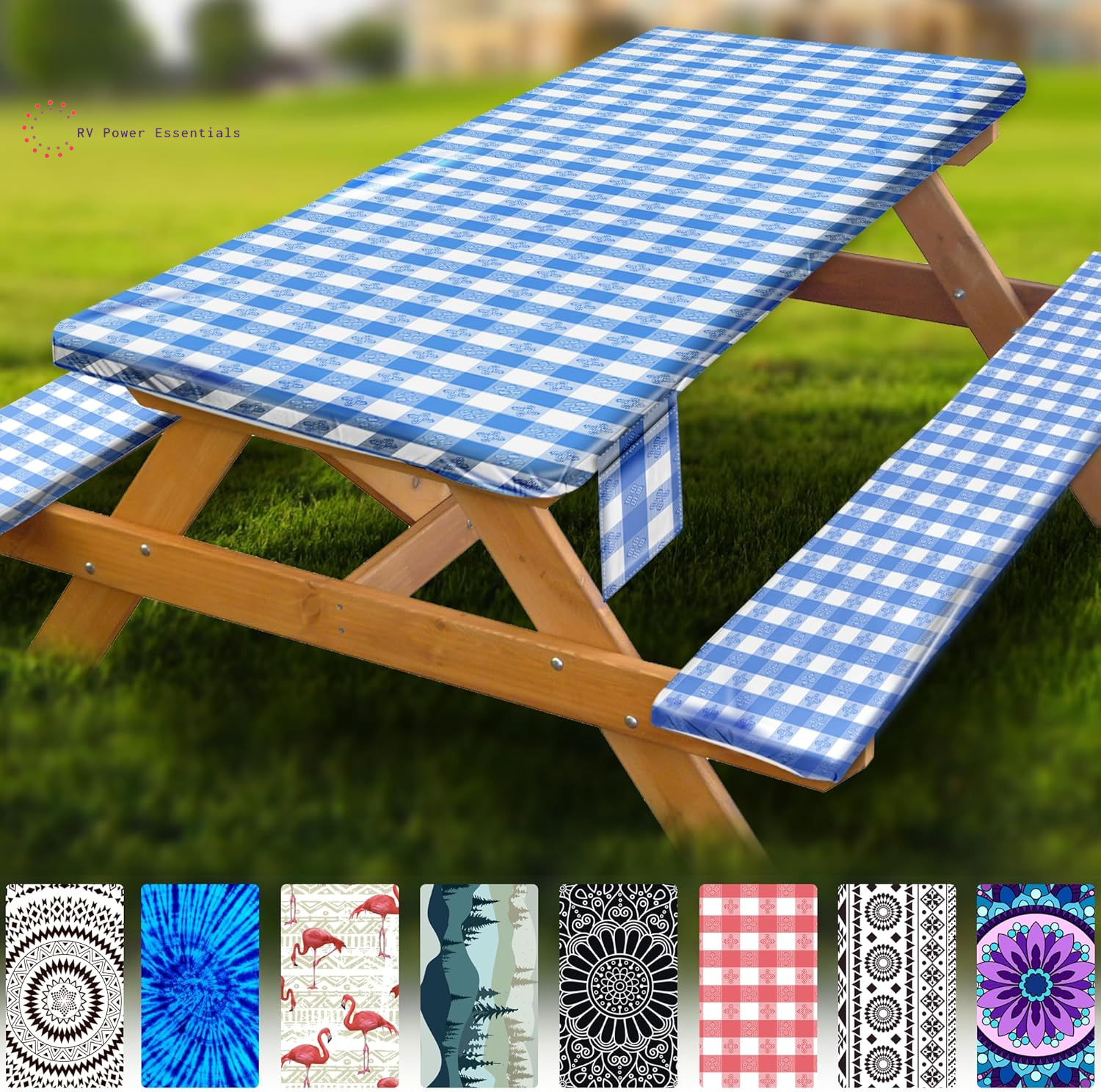 Fitted Waterproof Vinyl Picnic Table & Bench Cover Set – Elastic Edge, Spill-Proof, Easy-Clean Design | Perfect for RV Trips, Camping, Tailgates & Outdoor Adventures