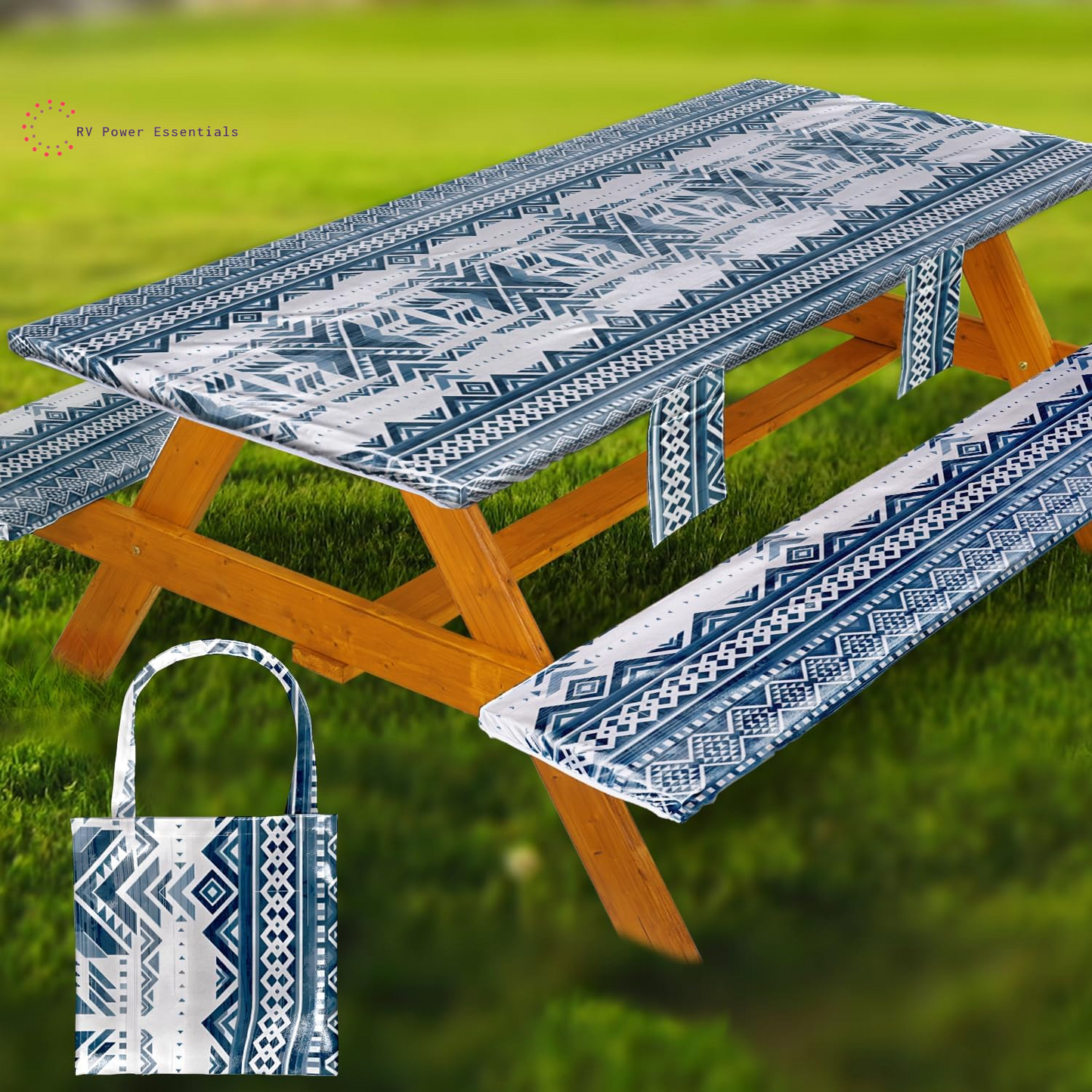 Fitted Waterproof Vinyl Picnic Table & Bench Cover Set – Elastic Edge, Spill-Proof, Easy-Clean Design | Perfect for RV Trips, Camping, Tailgates & Outdoor Adventures