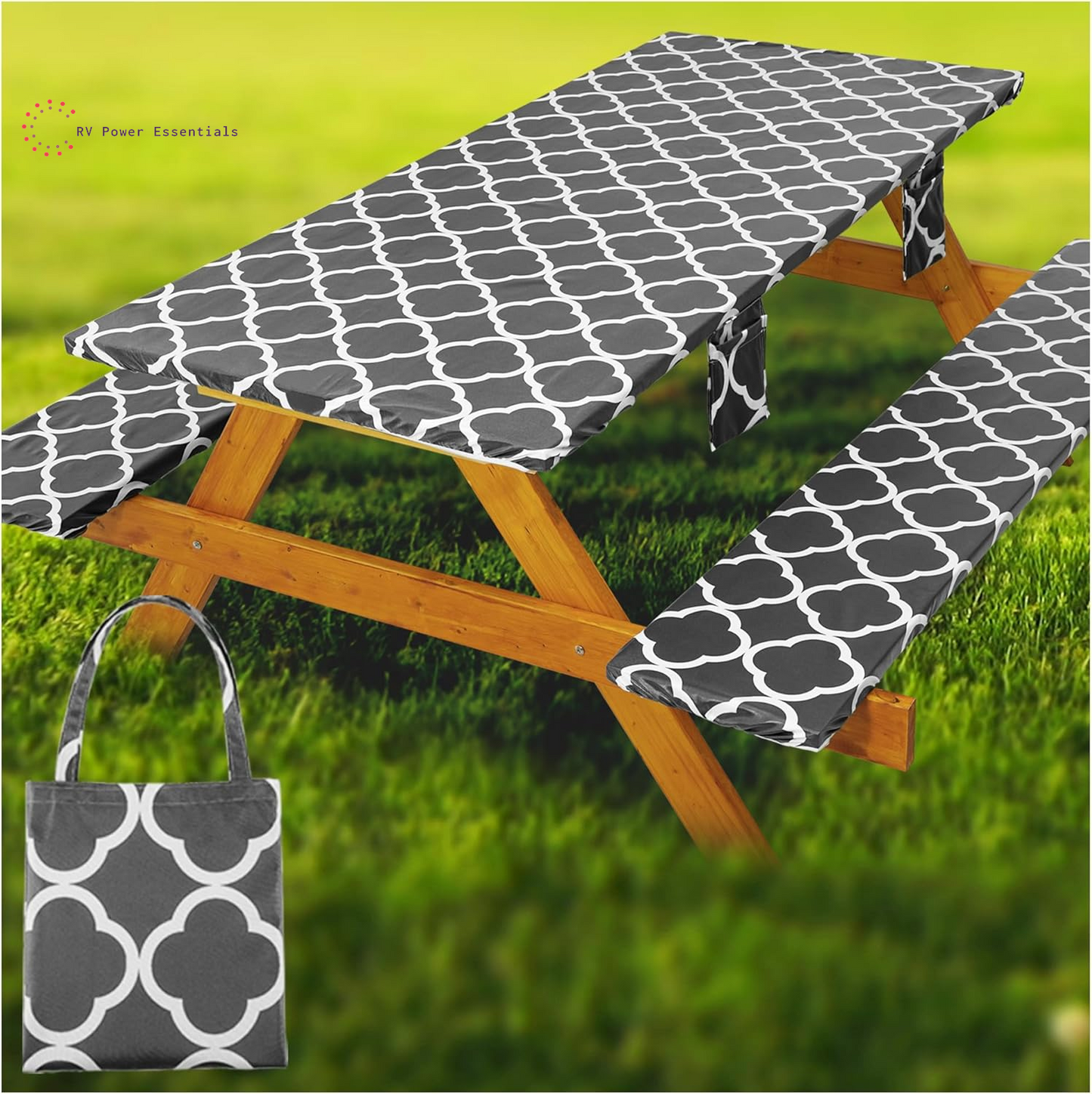 Fitted Waterproof Vinyl Picnic Table & Bench Cover Set – Elastic Edge, Spill-Proof, Easy-Clean Design | Perfect for RV Trips, Camping, Tailgates & Outdoor Adventures