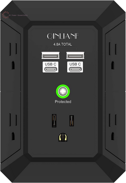 QINLIANF 5-Outlet Surge Protector with 4 USB Ports (4.8A Total), 3-Sided Power Strip, 1680J, Multi Plug Adapter for Home, Travel, Office (3U1C)