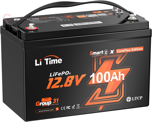 LiTime 12V 100Ah Smart LiFePO4 Battery w/ Bluetooth, 100A BMS & CAN/RS485 – Reliable Power for RVs, Boats, and Off-Grid Adventures (Group 31)