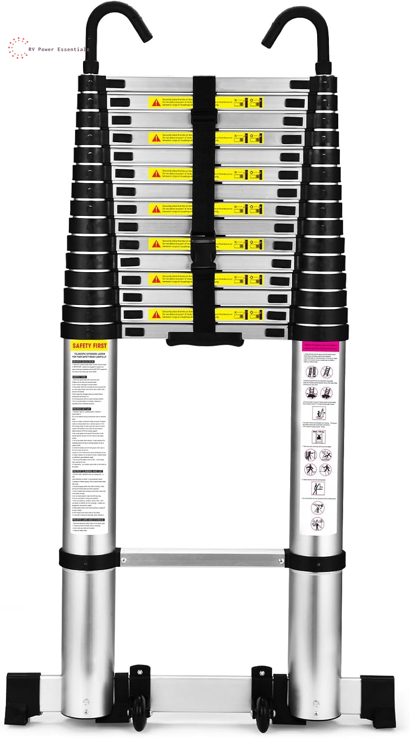 Telescoping Ladder, Soctone 12.5 FT Aluminum Lightweight Extension Ladder with 2 Triangle Stabilizers, Heavy Duty 330Lbs Max Capacity, Multi-Purpose Collapsible Ladder for RV or Outdoor Work
