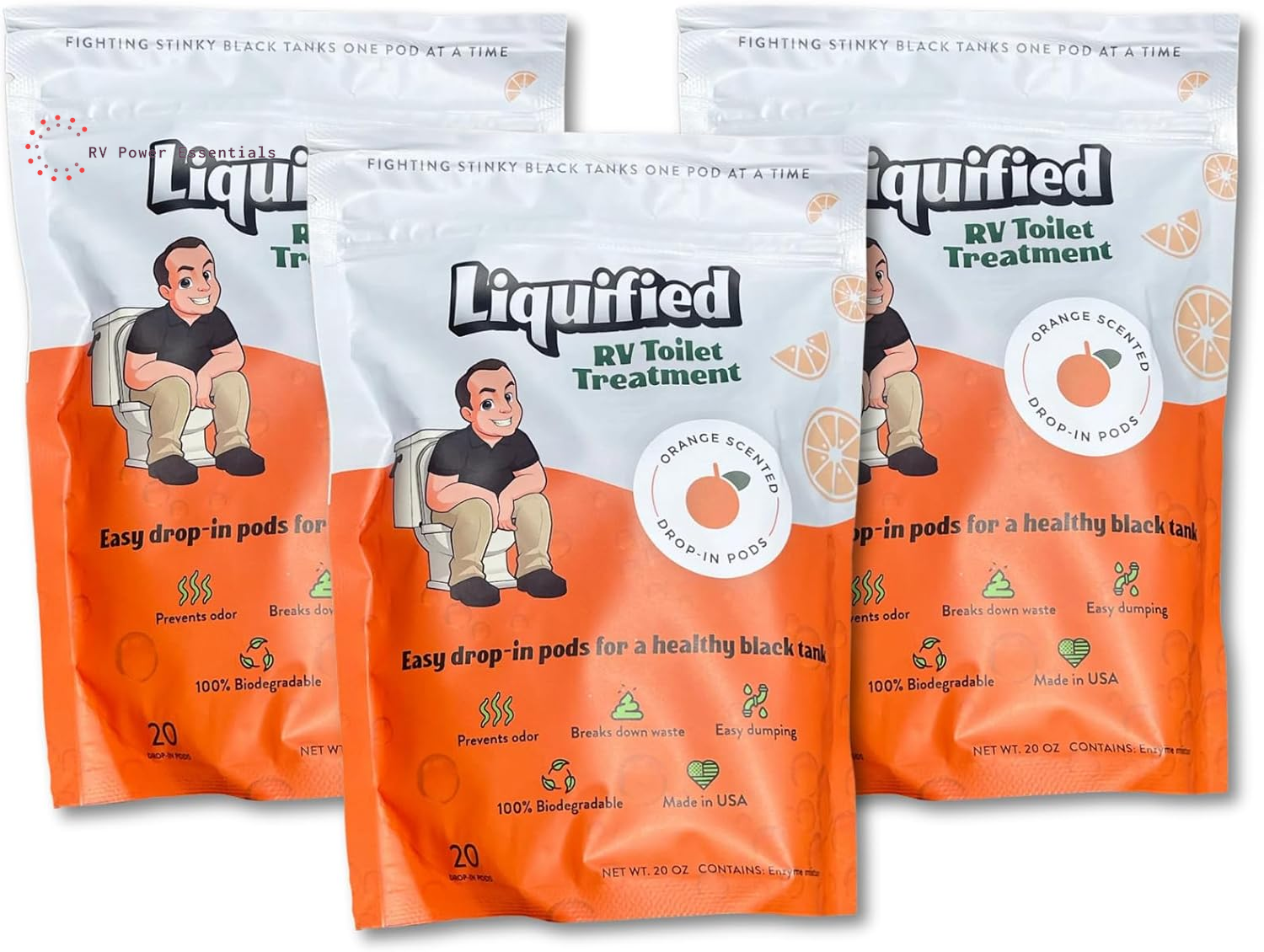 Liquified RV Toilet Treatment Drop-Ins | 60 Orange-Scented Pods | Odor Control & Waste Breakdown | Septic Safe | RV Power Essentials