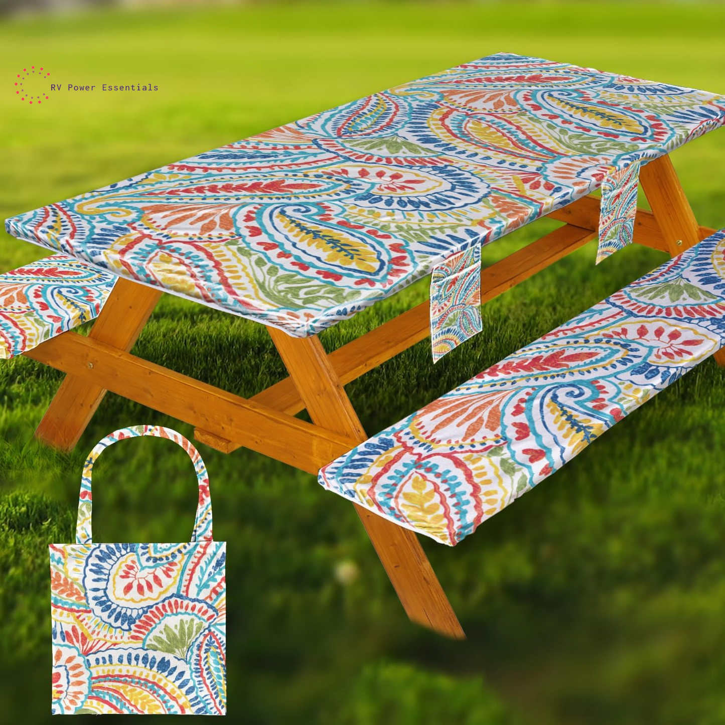 Fitted Waterproof Vinyl Picnic Table & Bench Cover Set – Elastic Edge, Spill-Proof, Easy-Clean Design | Perfect for RV Trips, Camping, Tailgates & Outdoor Adventures