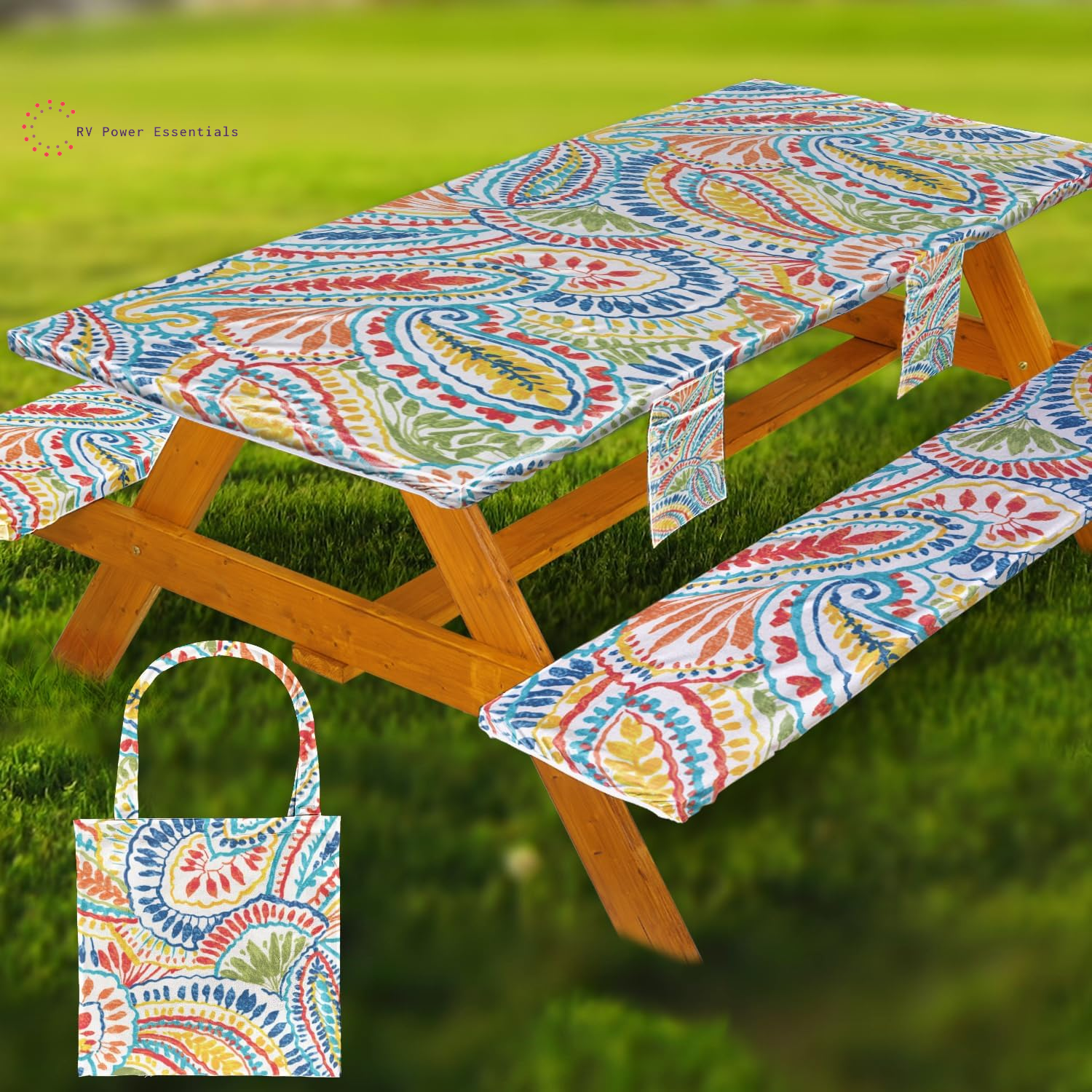Fitted Waterproof Vinyl Picnic Table & Bench Cover Set – Elastic Edge, Spill-Proof, Easy-Clean Design | Perfect for RV Trips, Camping, Tailgates & Outdoor Adventures