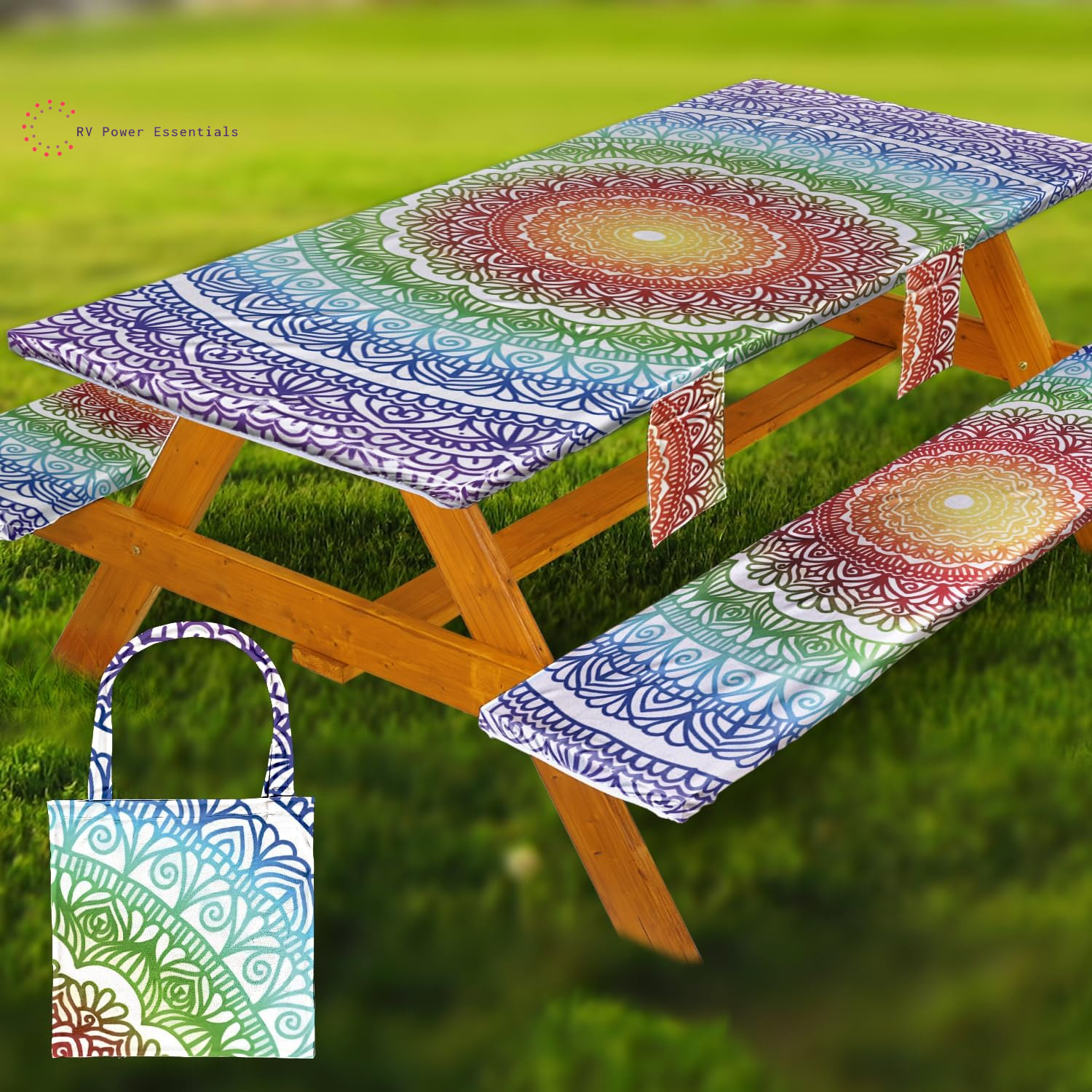 Fitted Waterproof Vinyl Picnic Table & Bench Cover Set – Elastic Edge, Spill-Proof, Easy-Clean Design | Perfect for RV Trips, Camping, Tailgates & Outdoor Adventures