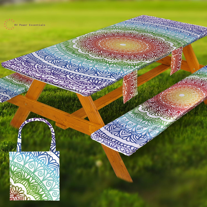 Fitted Waterproof Vinyl Picnic Table & Bench Cover Set – Elastic Edge, Spill-Proof, Easy-Clean Design | Perfect for RV Trips, Camping, Tailgates & Outdoor Adventures