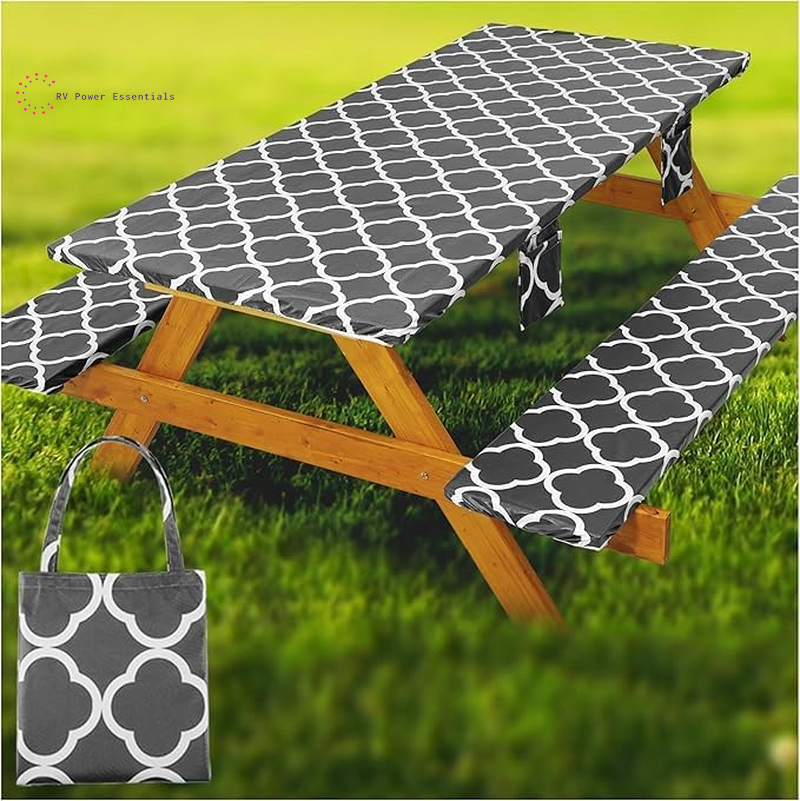 Fitted Waterproof Vinyl Picnic Table & Bench Cover Set – Elastic Edge, Spill-Proof, Easy-Clean Design | Perfect for RV Trips, Camping, Tailgates & Outdoor Adventures
