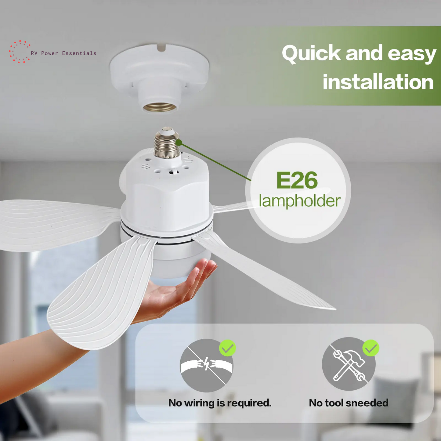 Screw-In RV Socket Fan Light with Remote — E26/E27 Dimmable Ceiling Fan, 1000 Lumens