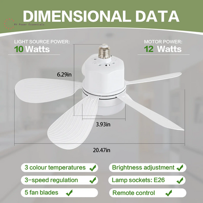 Screw-In RV Socket Fan Light with Remote — E26/E27 Dimmable Ceiling Fan, 1000 Lumens