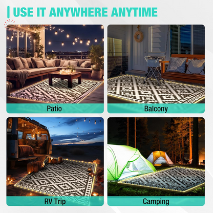 HAUSHOF 5’X8’ Outdoor Rug with LED Strip Light, Waterproof Reversible Patio Rug with 4 Stakes for RV, Camping, Beach, Porch & Balcony, Black & White