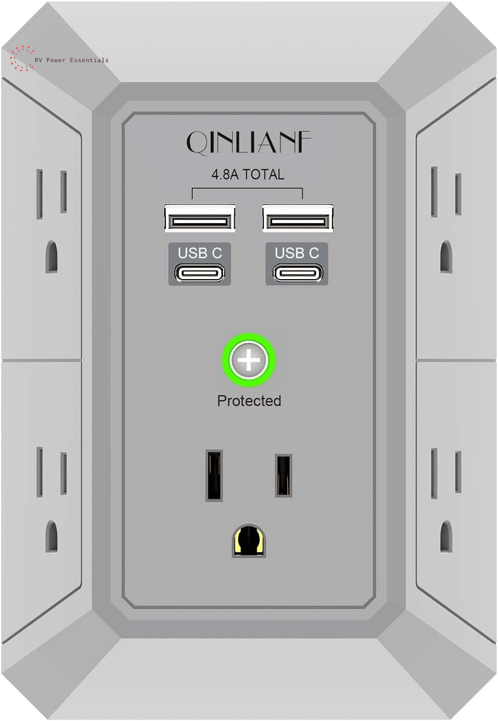QINLIANF 5-Outlet Surge Protector with 4 USB Ports (4.8A Total), 3-Sided Power Strip, 1680J, Multi Plug Adapter for Home, Travel, Office (3U1C)