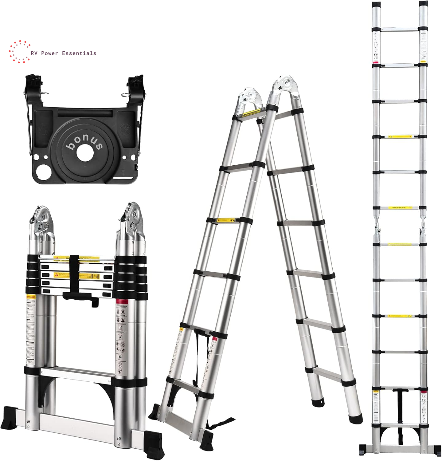 Telescoping Ladder, Soctone 12.5 FT Aluminum Lightweight Extension Ladder with 2 Triangle Stabilizers, Heavy Duty 330Lbs Max Capacity, Multi-Purpose Collapsible Ladder for RV or Outdoor Work