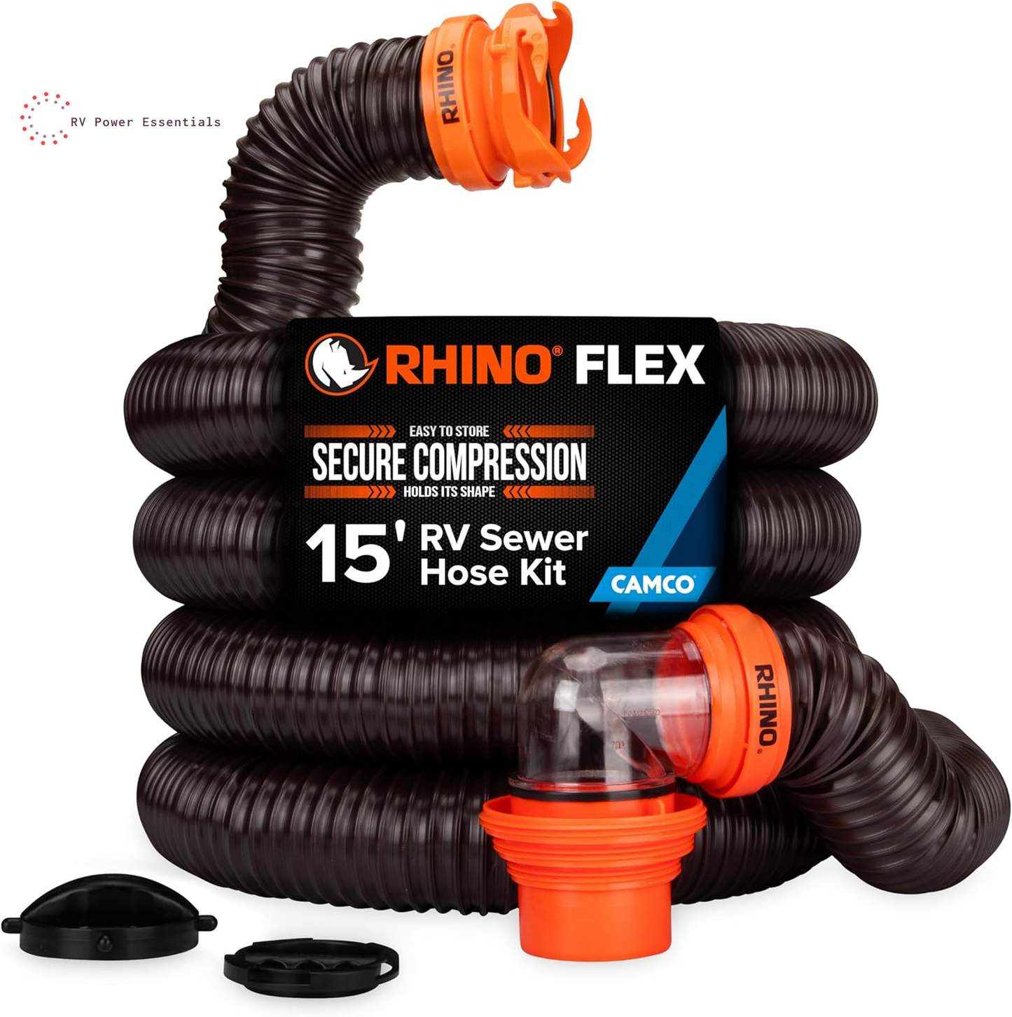 Camco RhinoFLEX 15-Foot RV Sewer Hose Kit with Clear Elbow & 4-in-1 Adapter – Heavy-Duty Flexible RV Dump Hose System