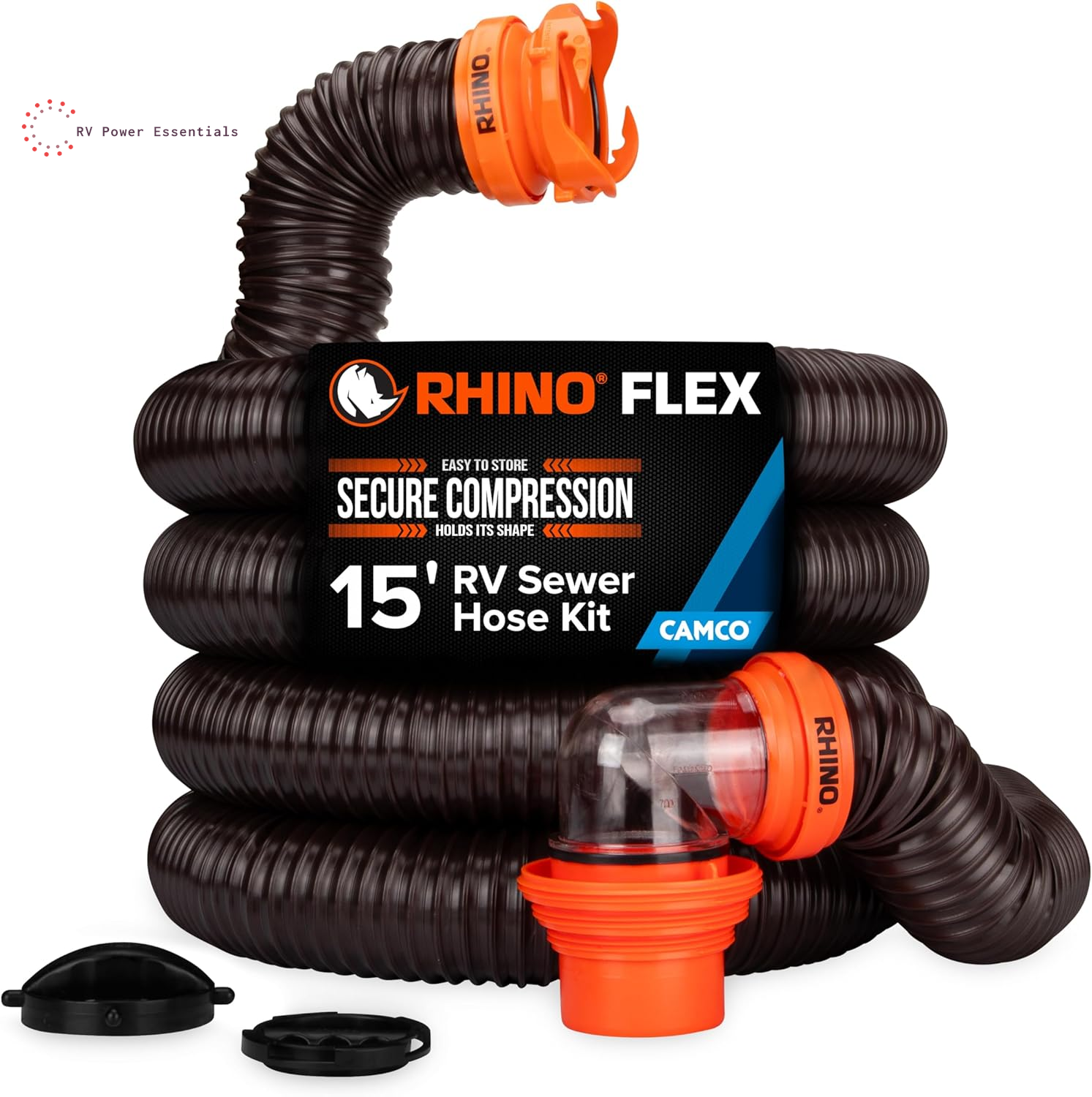 Camco RhinoFLEX 15-Foot RV Sewer Hose Kit with Clear Elbow & 4-in-1 Adapter – Heavy-Duty Flexible RV Dump Hose System