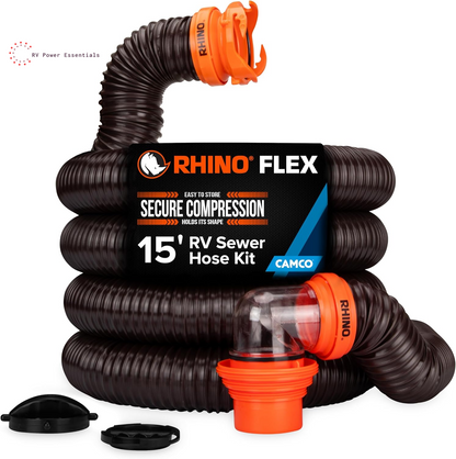 Camco RhinoFLEX 15-Foot RV Sewer Hose Kit with Clear Elbow & 4-in-1 Adapter – Heavy-Duty Flexible RV Dump Hose System